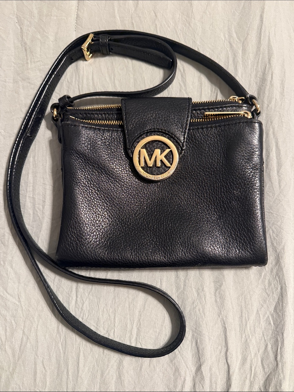 Michael Kors Black Leather Crossbody with Gold MK Accent